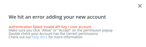 Credentials window with API key – Error.