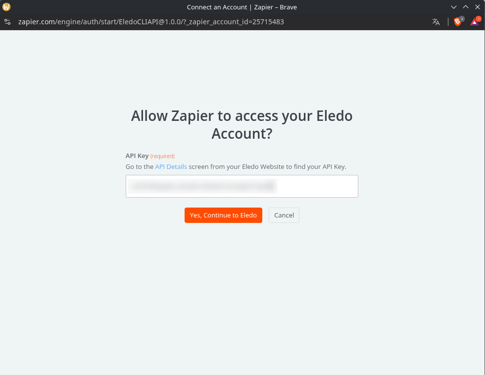 Credentials window with API key.
