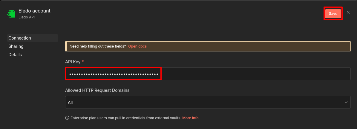 Credentials window with API key.