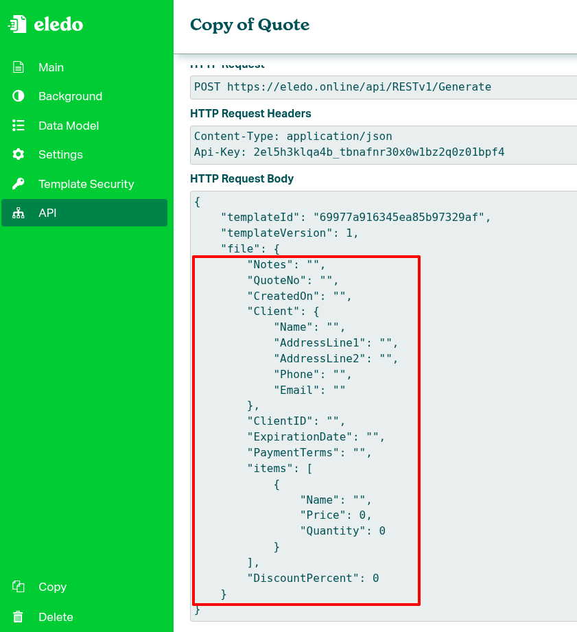 Complex Template JSON Structure